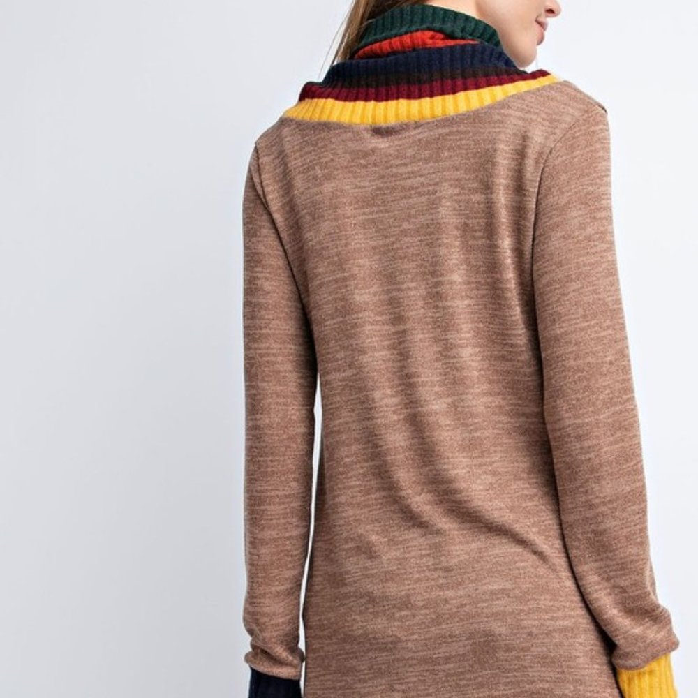 Cowl Neck Drawstring Top Sweater Shirt Camel Soft - Picture 2 of 5